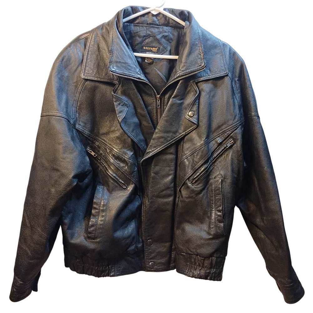 Vintage Stefano‎ Man Black Leather Motorcycle Jacket Mens Medium Full Zip